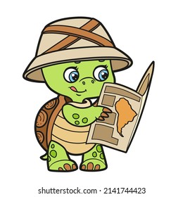 Cartoon turtle with a tourist guide in paw color variation for coloring page on white background
