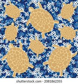 Cartoon turtle in water. Sequin elements. Turtle migration in the ocean.