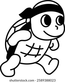 A cartoon turtle wearing a bandana and a headband is running