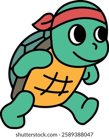 A cartoon turtle wearing a bandana and a headband is running