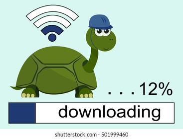 Cartoon Turtle Wearing a Helmet. Loading Bar. Wi Fi Icon