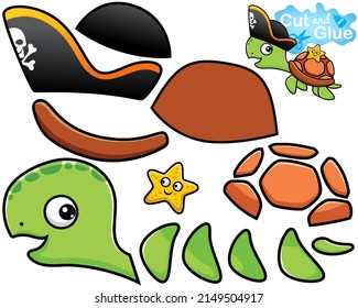 Cartoon of turtle wearing pirate hat with starfish on its back. Cutout and gluing