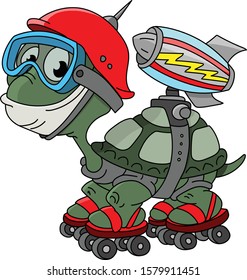 Cartoon turtle wearing a red helmet, scuba mask and a rocket skating vector illustration