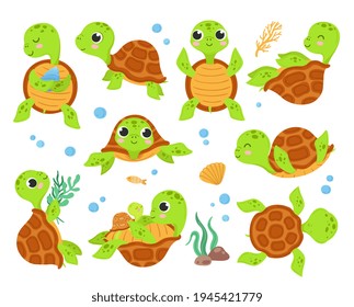 Cartoon turtles. Animal tortoise, smiling turtle different poses. Walk action running cute wild characters, isolated animals shell exact vector set