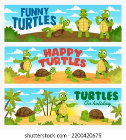 Cartoon turtles, cute tortoise animal characters. Vector banners with funny little turtle personages on tropical island smiling, sleep, walking. Friendly terrestrial reptilians, adorable reptiles