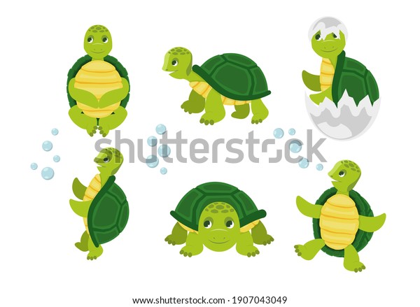 Cartoon\
turtles. Happy funny animals running tortoise vector collection.\
Cartoon vector turtle in various action\
poses