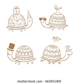 Cartoon turtles set. Four cute tortoises. Party hat, roller skates and sunglasses. Little birds. Vector contour image no fill.
