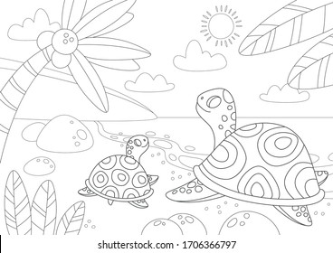 Cartoon turtles, summer sunny landscape, palm and sea. Kids coloring page. Vector hand drawn illustration on white background. 