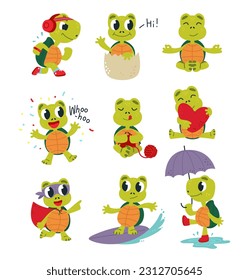 Cartoon turtles, walking comic turtle. Happy funny tortoise various poses. Cute sea animal rest and jogging, hobby and love classy vector characters