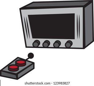 Cartoon TV with large buttons and remote