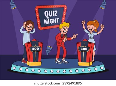 Cartoon TV quiz game. Erudite show host congratulates winner for right final question answer vector illustration of cartoon game quiz show