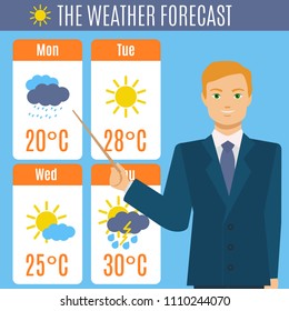 Cartoon TV Weather Forecast Concept Scene Meteorologist Element Flat Design Style. Vector Illustration Of News Television And Reporter