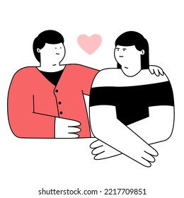 Cartoon two adult lovers enjoy romantic date. First romantic date. Joyful male and female feeling love. Thin line vector illustration on white