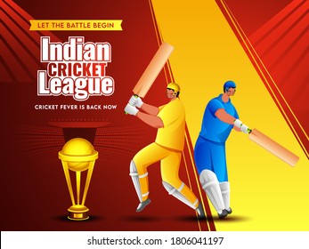 Cartoon Two Batsman Player In Different Attire With Golden Trophy Cup On Red And Yellow Stadium View Background For Indian Cricket League.