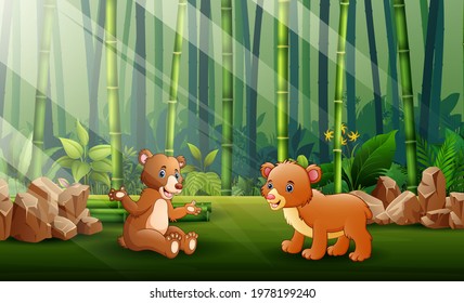 Cartoon of two bears in the bamboo forest background