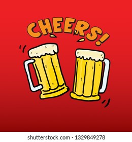 Cartoon of two beer mugs with the message cheers. Vector illustration.