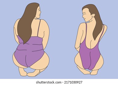Cartoon of two bikini beauties with fat and thin figures