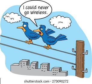 Cartoon of two birds talking on a telephone wire.