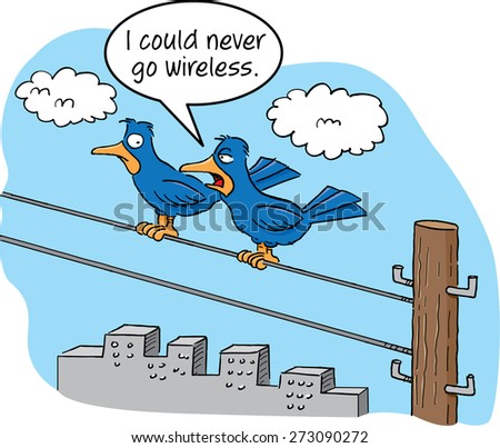 Cartoon of two birds talking on a telephone wire.