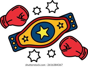 A cartoon of two boxing gloves with a red and yellow belt in the middle. The belt has a star on it