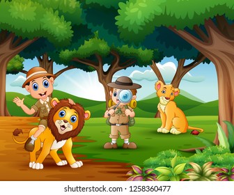 Cartoon of two boy explorer with animals in the jungle