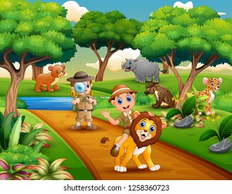 Cartoon of two boy explorer with animals in the jungle