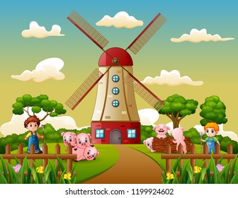 Cartoon two boy is herding pigs in the windmill building background