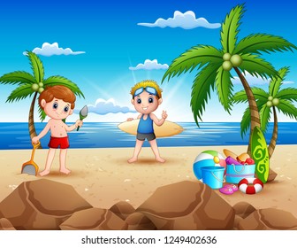 Cartoon von zwei Jungen spielen am Strand