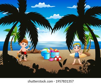 Cartoon of two boy playing on the beach