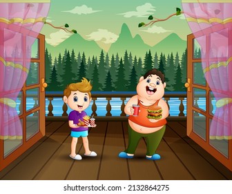 Cartoon two boys bringing food to eat together at home