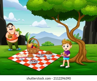 Cartoon two boys enjoying picnic food together