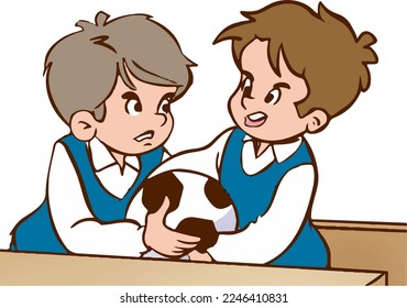 Cartoon two boys fighting over a soccer ball cartoon vector