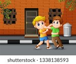 Cartoon two boys fighting in the road