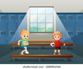 Cartoon two boys getting ready to play football in the locker room