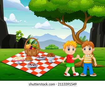 Cartoon of two boys having a picnic in the park