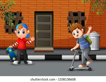 Cartoon two boys playing in front the house