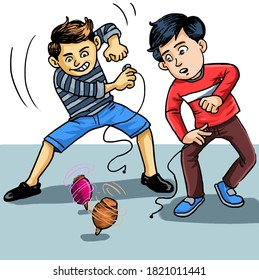 Cartoon two boys playing spinning  top