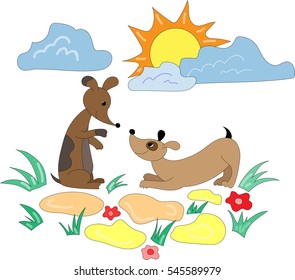 cartoon - two brown dachshunds playing in the grass on sunny day