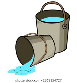 Cartoon two buckets that fell and splashed out of them water, cartoon illustration, isolated object on white background, vector,