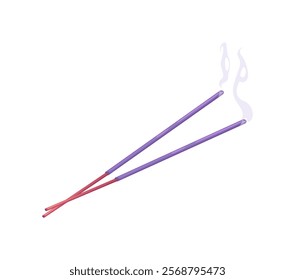 Cartoon two burning lavender incense sticks with purple stems, emitting light smoke. Natural healthy aromatherapy and home fragrance evokes a sense of calm, spirituality, and relaxation for meditation