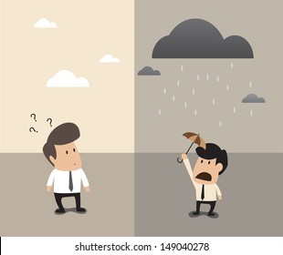 Cartoon of TWo businessman standing at same place but opposite weather above