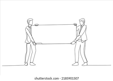 Cartoon of two casual business men carrying a blank panel. Continuous line art style
