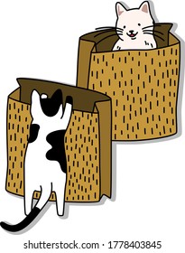 Cartoon of two cats play with the paper bag . Simple cute hand draw line vector and minimal icons flat style character illustration.
