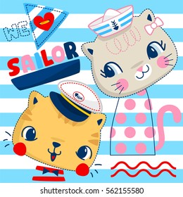 Cartoon of two cats in sailor costumes with text "we love sailor" on blue and white striped background illustration vector.
