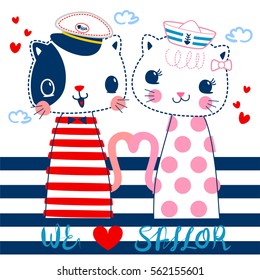 Cartoon of two cats in sailor costumes with text "we love sailor" on blue and white striped background illustration vector.
