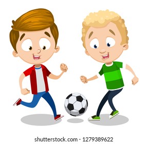 Cartoon two cheerful young boys playing football. Boys in sportswear running with ball vector illustration. Sport and childhood concept. Isolated on white background