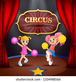 Cartoon two cheerleaders girl performance on the stage