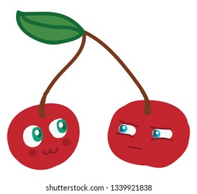 A cartoon of two cherries out of which one looks happy while the other one looks angry vector color drawing or illustration