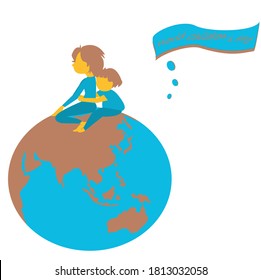 Cartoon two Children siblings on globe ,the planet Hugged their waist. Vector isolate illustration concept for World kids. International friendship day,World children’s day.Earth day .