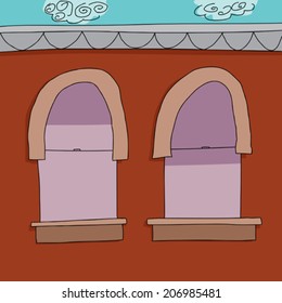 Cartoon of two closed apartment windows with windowshades